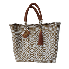 Recycled plastic Woven Tote, with inside linen, pockets & leather handle
