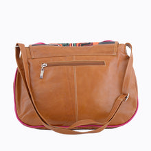 Back of the tan, tan-covered leather bag with mola design