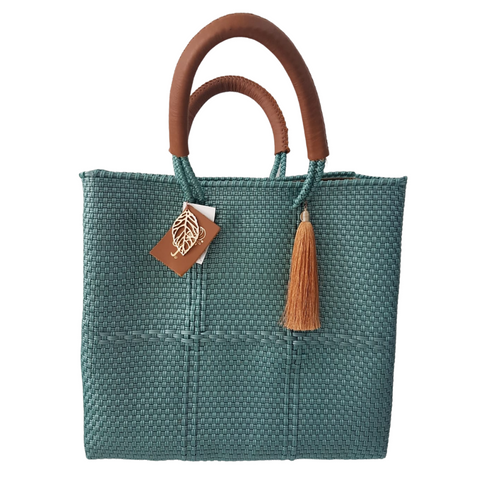 Recycled plastic Woven Tote, with inside linen, pockets & leather handle