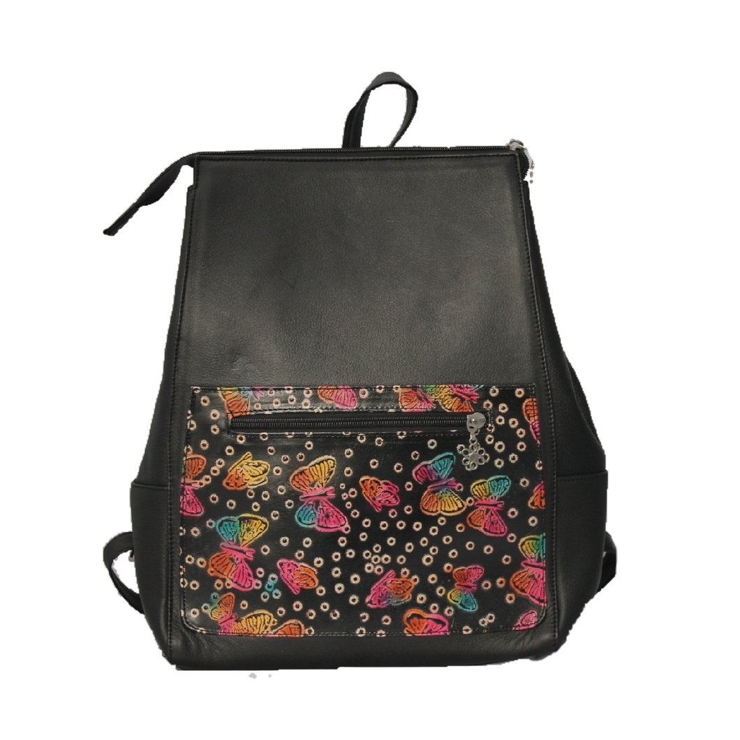 Black leather backpack with hand stamped and hand painted butterfly design