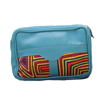 Light blue leather fanny pack with mola design