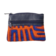 Unique, Double Zipper Leather Large Coin Purse with Mola Embroidery