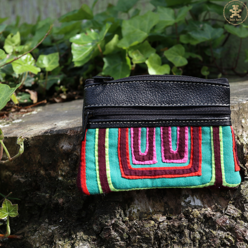 Unique, Double Zipper Leather Large Coin Purse with Mola Embroidery