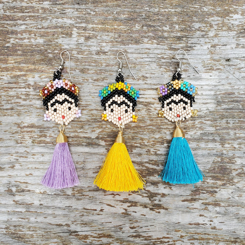 Frida Kahlo Beaded Earrings with Tassels