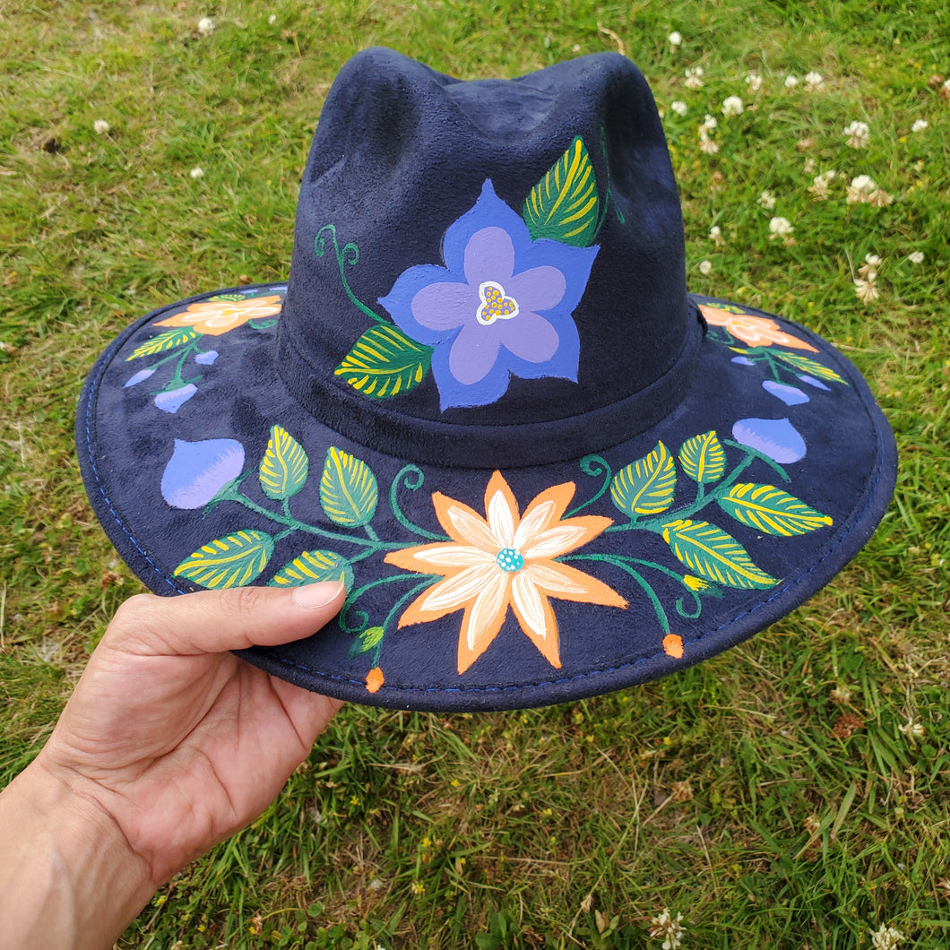 Mexican Suede Leather Hand Painted Hats, Floral Prints Artisanal Hat.