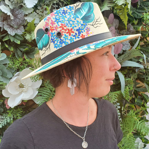 Fedora Jute Hat.  Hand Painted & Floral Prints.