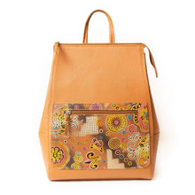 Beige leather backpack with hand stamped and hand painted butterfly & flower design