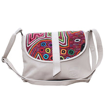 White, medium-sized leather crossbody bag with mola design
