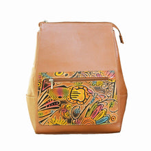 Beige leather backpack with hand stamped and hand painted dragonfly design