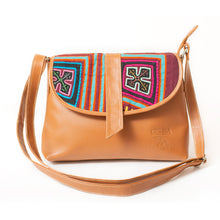 Light brown, medium-sized leather crossbody bag with mola design