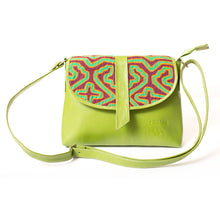 Green, medium-sized leather crossbody bag with mola design