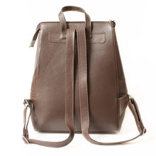 The backside of the dark brown leather backpack