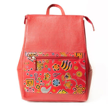 Red leather backpack with hand stamped and hand painted design