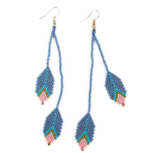 Blue, pink, and tan "Leaves" beaded, sterling silver, embera handmade earrings