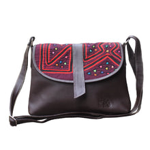Dark brown, medium-sized leather crossbody bag with mola design
