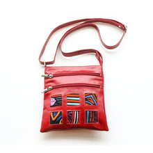 Red leather small bag with mola design with strap on