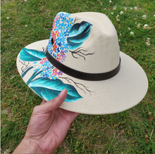 Fedora Jute Hat.  Hand Painted & Floral Prints.
