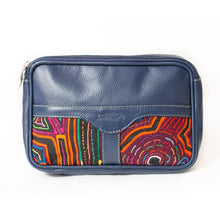 Blue leather fanny pack with mola design
